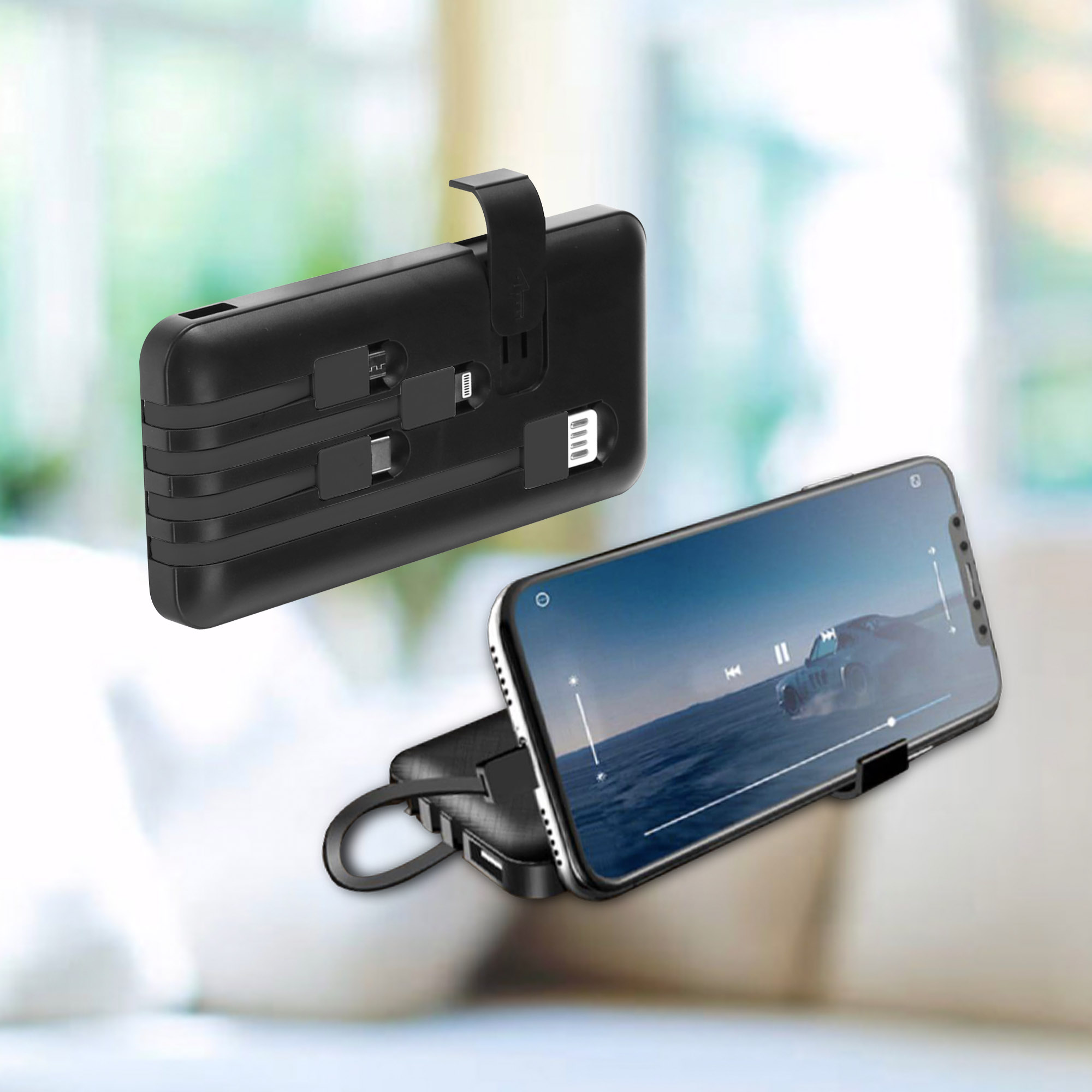Power Bank with Built in Cables and Phone Holder