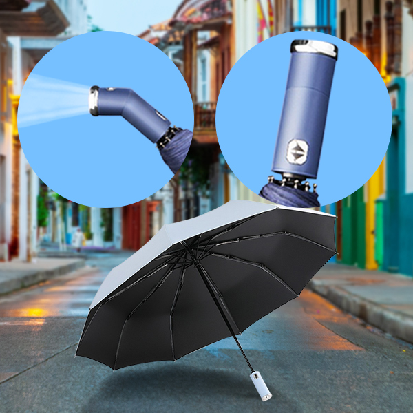 Windproof Automatic 3-Fold Travel Umbrella with Rotatable Torch